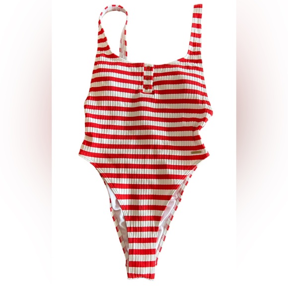 ROXY Hello July one piece red white stripes swimsuit high cut cheeky bottom NWT - Picture 2 of 9